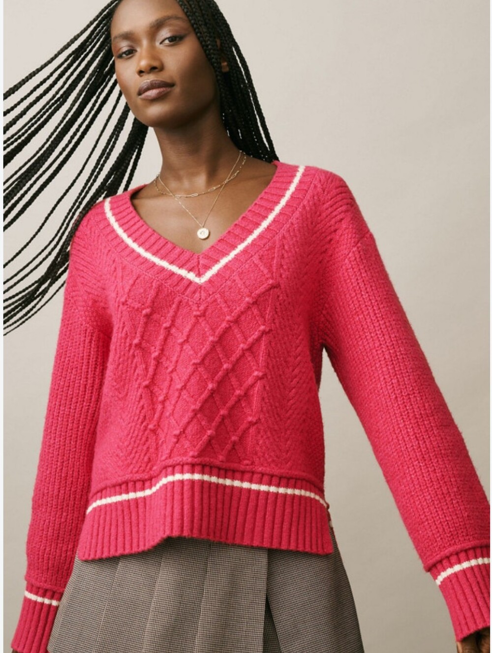 Maeve by Anthropologie Tilly Pink Cable Knit V-Neck Pullover Sweater Small